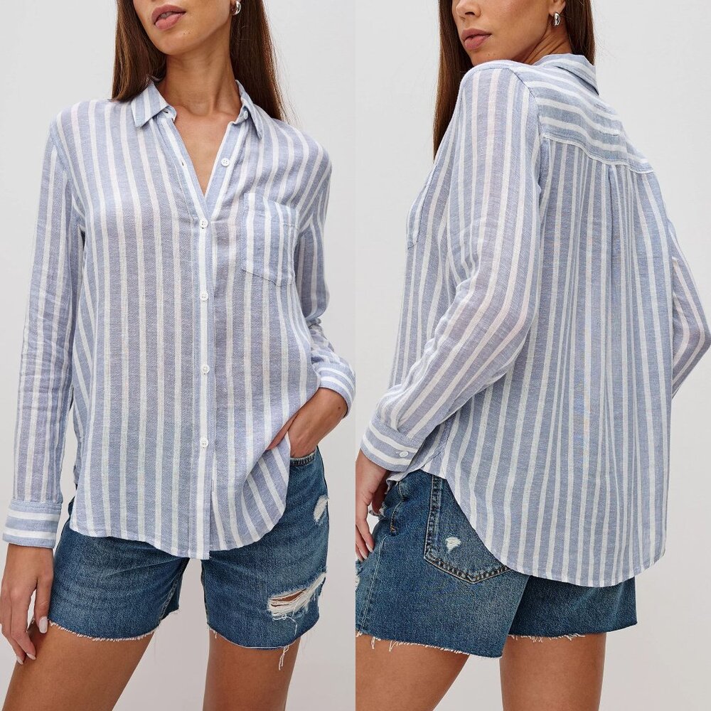 Rails Charli Shirt Linen Blend Rhone Striped Blue White Size S $178 Lightweight
